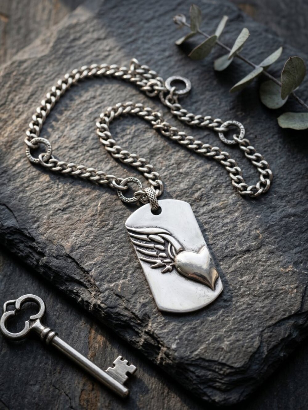 Unique Vintage Silver Angel Wing Wild Heart Dog Tag Pendant Chain LOVE Necklace